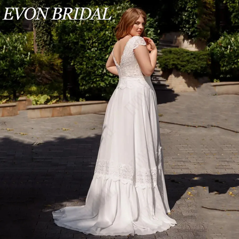 Evon Bridal elegant Lace plus size wedding dress double V - neck a - line chiffon EVON BRIDAL-Robe de Mariée Élégante en Dentelle, Grande Taille,