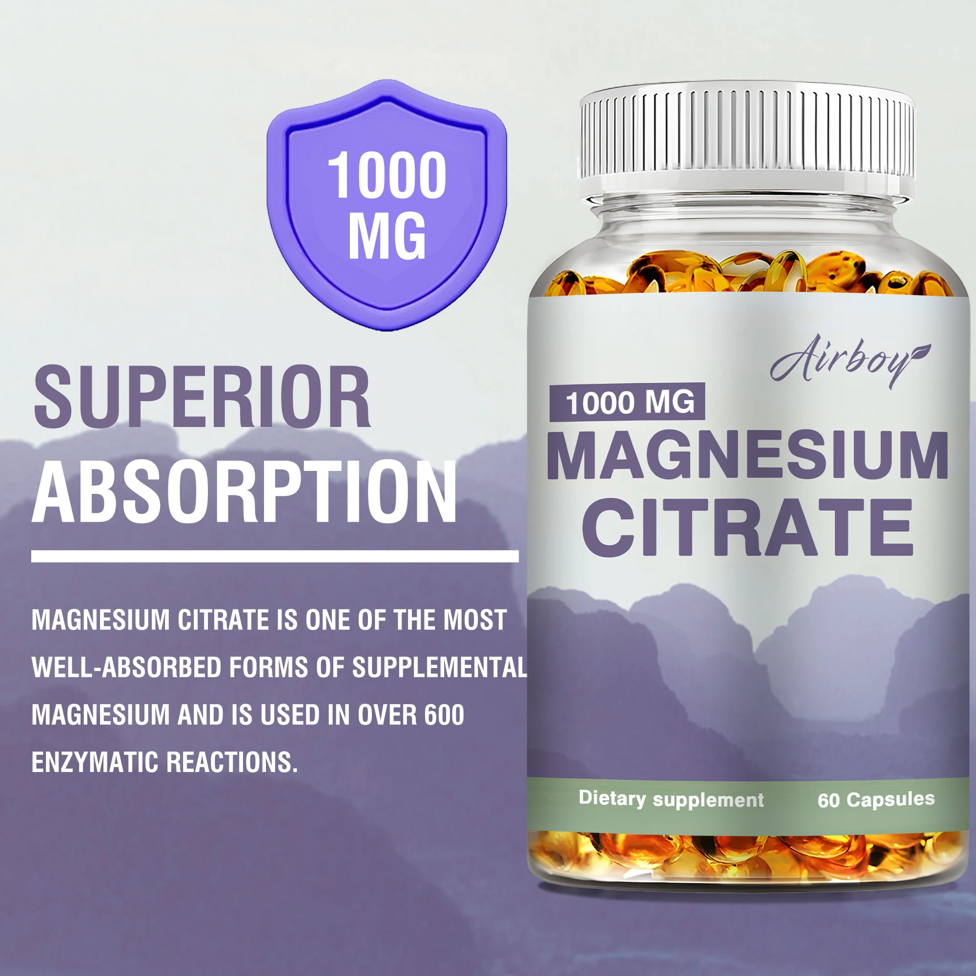 Magnesium sitrat 1000 mg-suplemen makanan untuk dukungan otot, saraf, tulang dan jantung-60 Kapsul