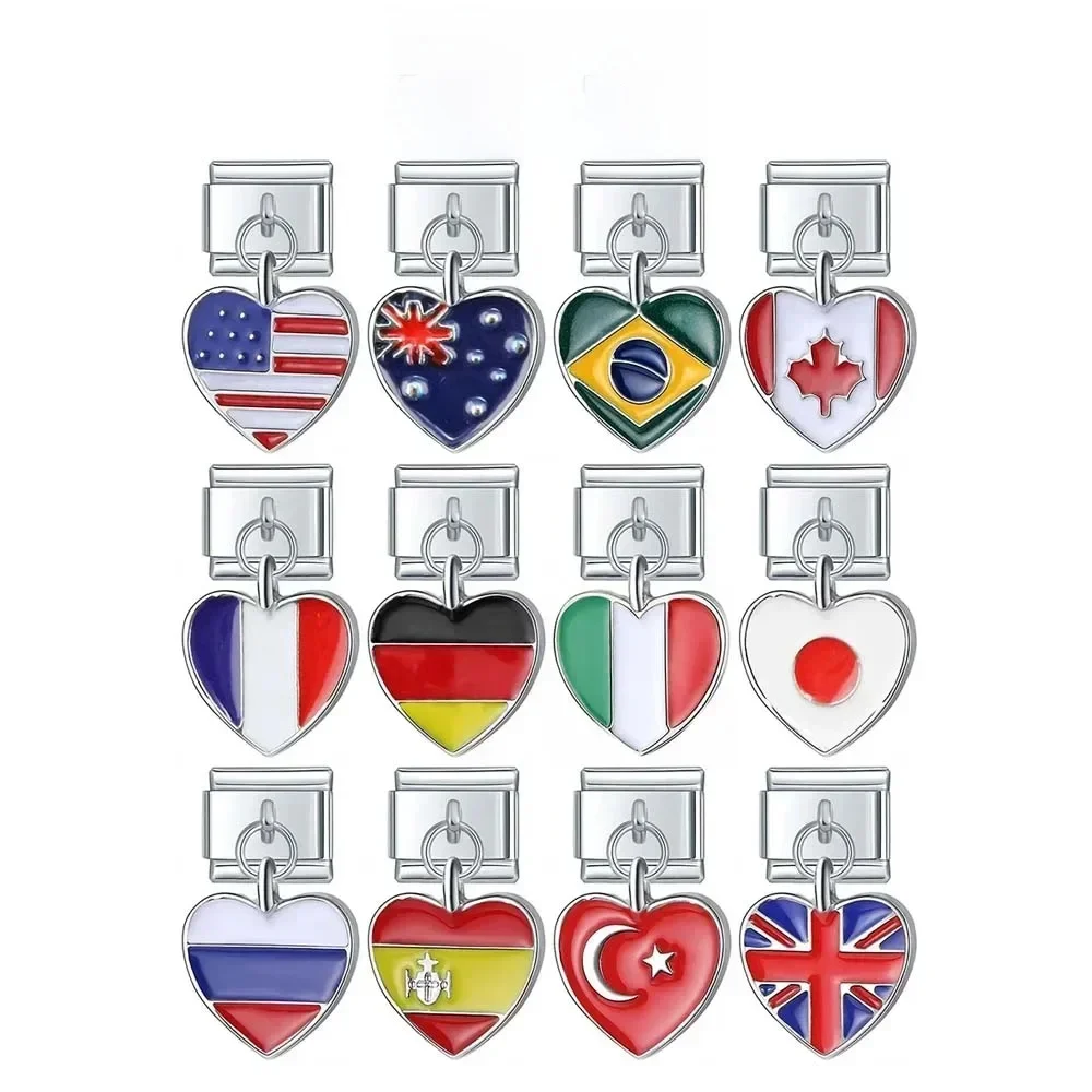 Hapiship mode doux romantique coeur monde drapeau National liens italiens charme ajustement Bracelet en acier inoxydable fabrication de bijoux DJ036