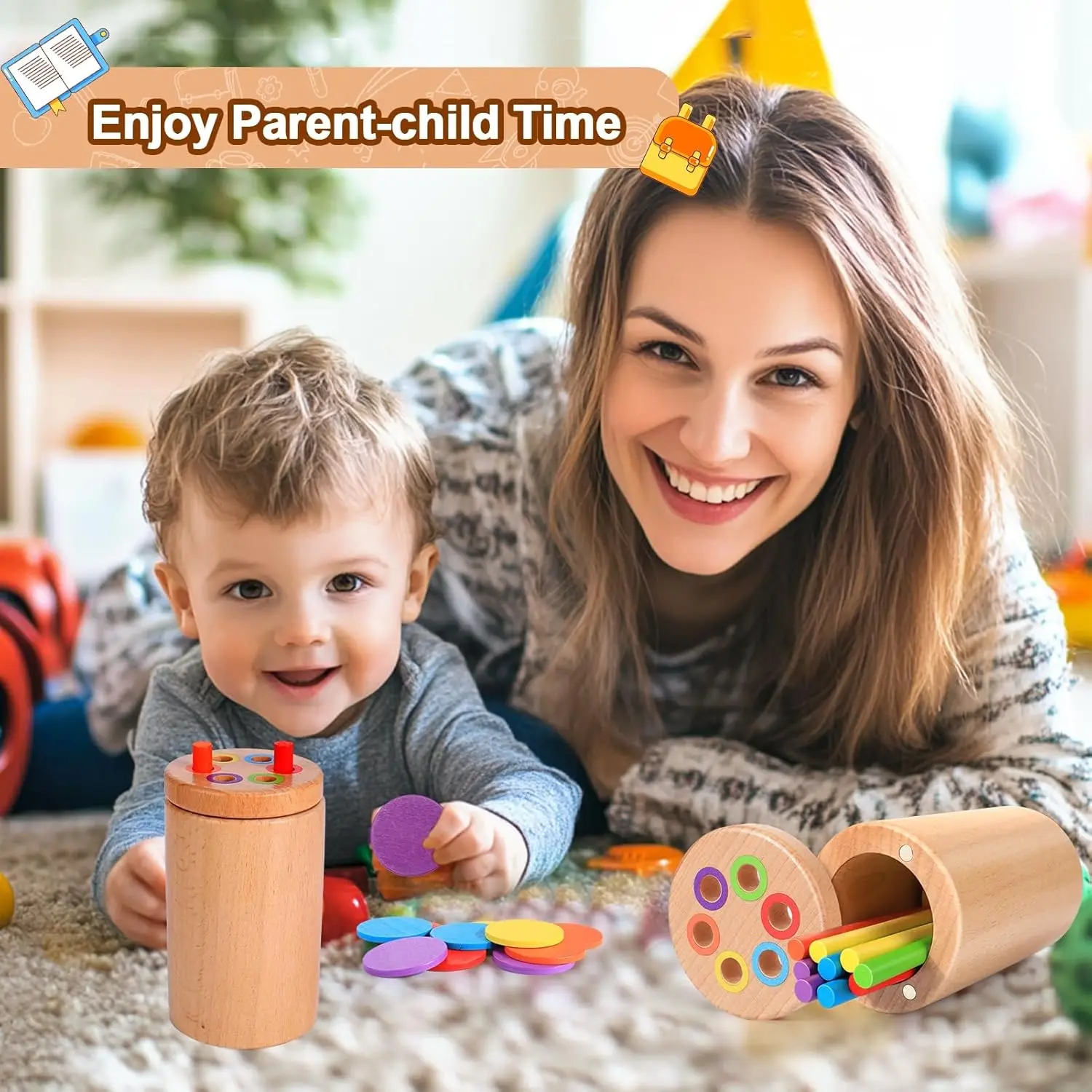 Montessori-Spielzeug für Kleinkinder, Holz, 3-in-1, Farbsortierbecher, frühes Lernspielzeug, Form passendes Feinmotorik-Spielzeug, Zählpuzzle, Geschenke – Detail 8