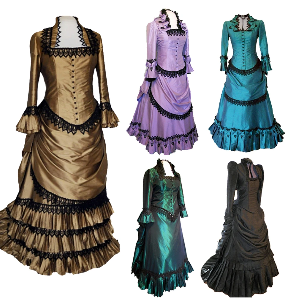 victorian gold/blue/purple/green/black bustle ball dress Colonial Georgian Renaissance Gothic Historical dress Walking Dress