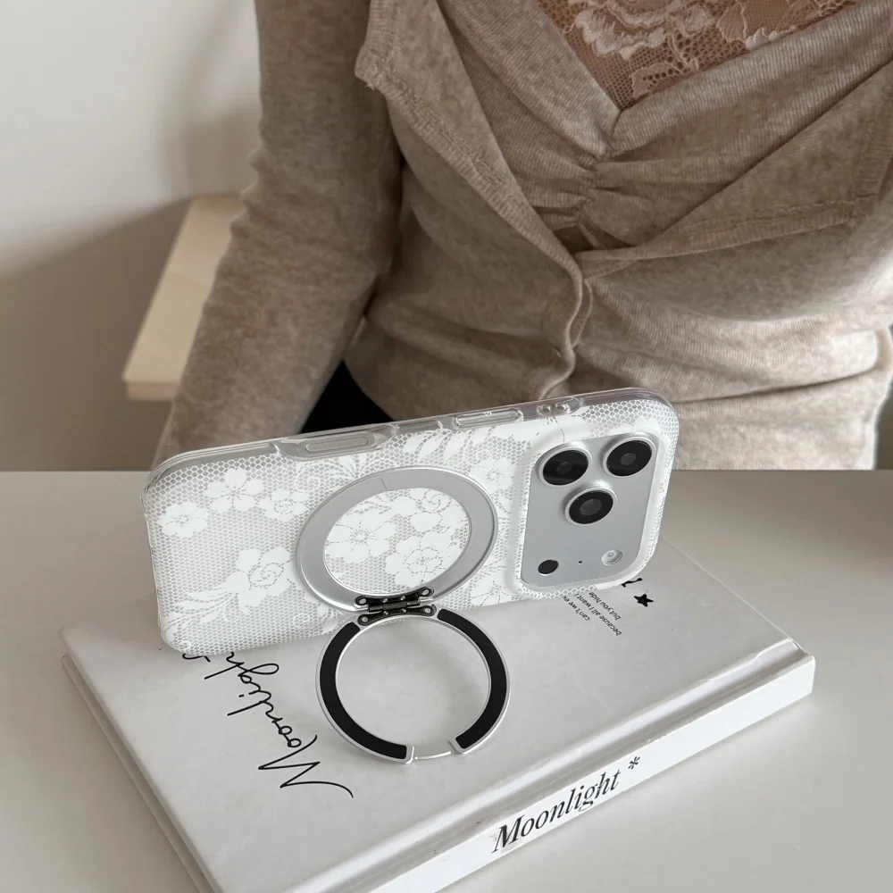 Korea Ins Elegant White Lace Floral Phone Case with Magnetic Stand for iPhone 15 16 17 Pro Max 16 15 Pro Fashion Shockproof Case