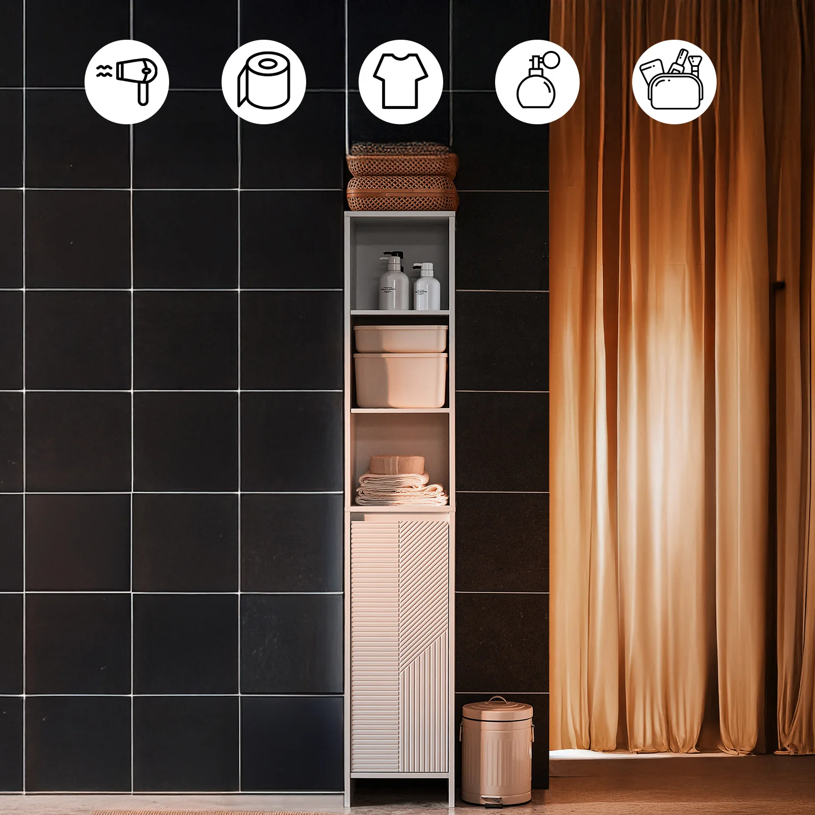 SoBuy BZR158-W Badezimmerschrank Hoch mit Wäschekorb & verstellbaren Regalböden aus MDF, Offene Ablagen für kleines 30x170x30cm – Detail 2
