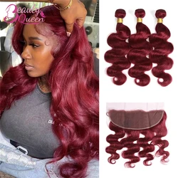 Borgonha Body Wave Bundles com Frontal Lace, 100% Extensão Do Cabelo Humano, Cabelo Colorido Tissage, 13x4 Lace, 99J