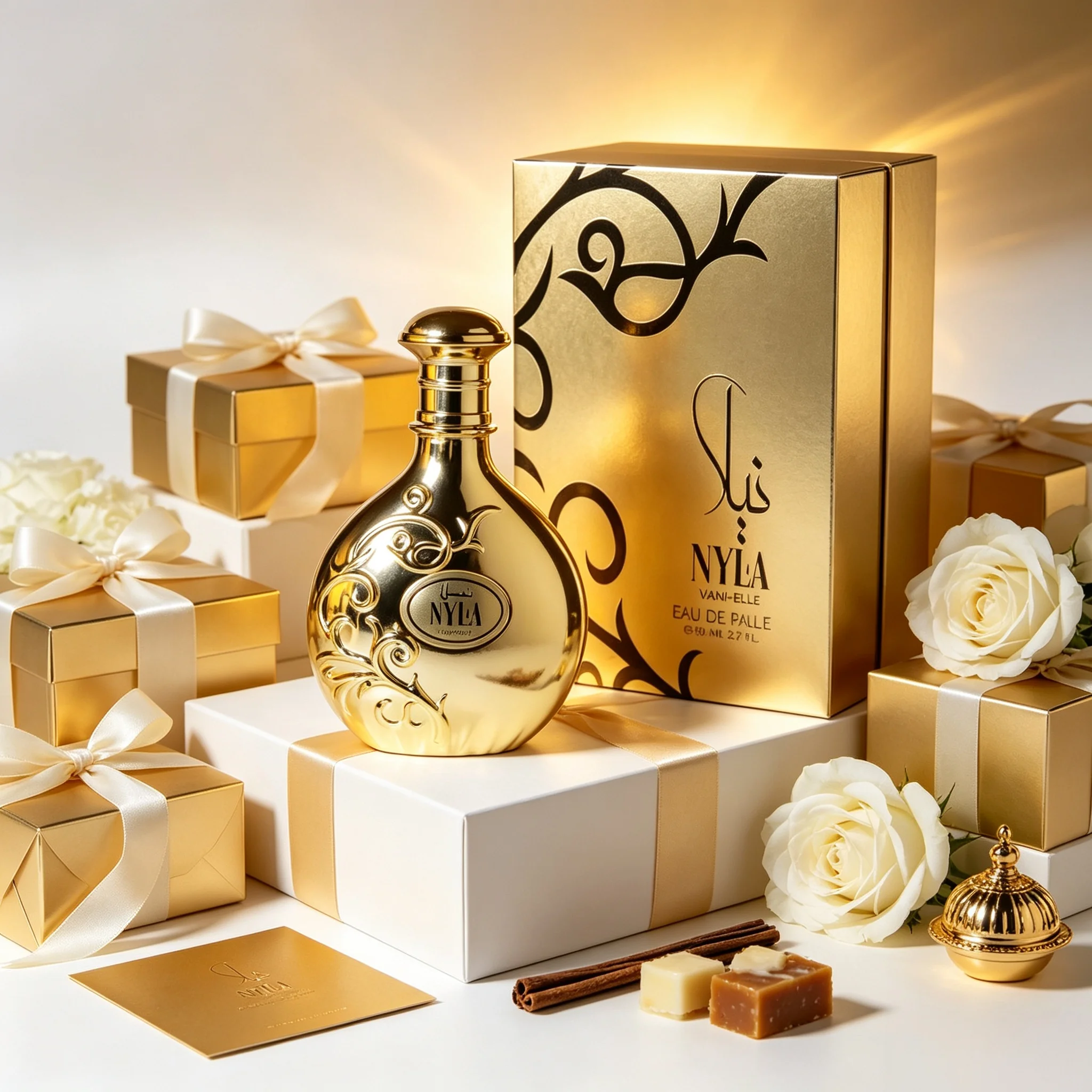 Arabiyat Prestige Nyla Women EDP Opulent Mild Rich Soft Juicy Peach White Jasmine Vanilla Musk Woody Fragrance Mirror Gold Embossed Bottle Gold Dome Cap White Gold Arabesque Box Calm Gentle Feminine Scent Spring Summer VIP Gala Holiday Gift Set view 5