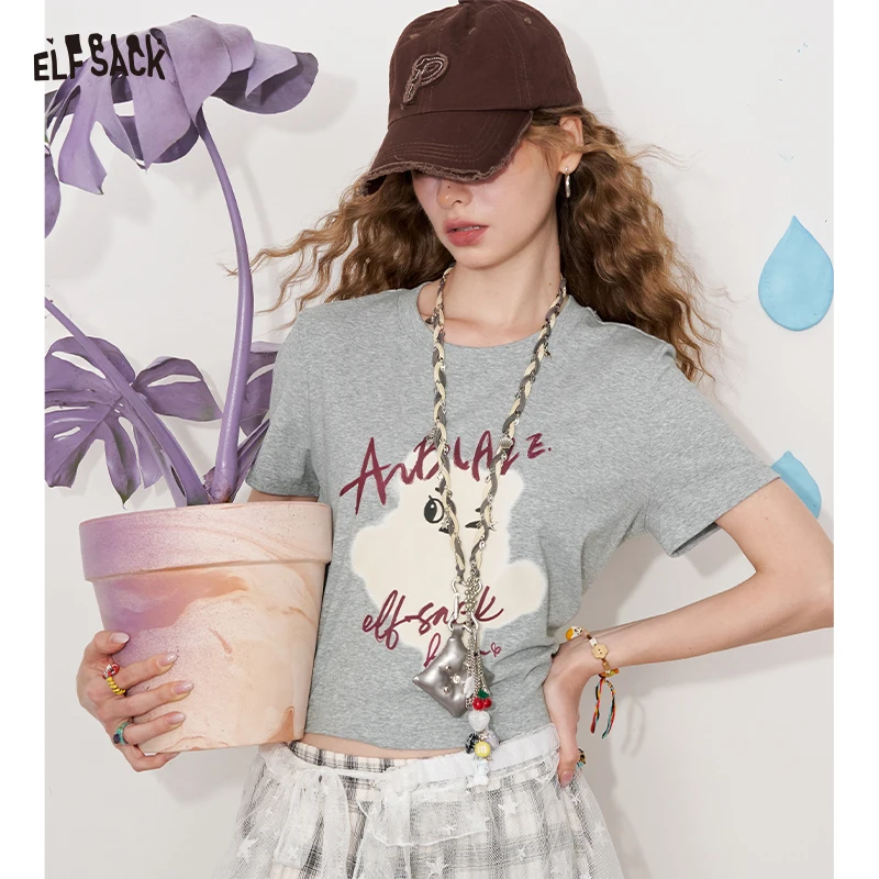ELFSACK Casual Gray T-Shirt with Cute Bear and Letter Print, Sweet Graphic Short Sleeve Tee, Slim Top for Women's Summer Outfit