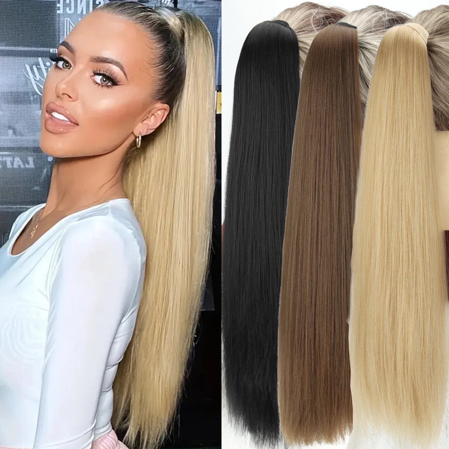 

24Inch Synthetic Long Straight Hair Ponytail Elasticity With Elastic Band Black Blonde Ponytail Hair Extensions For Women