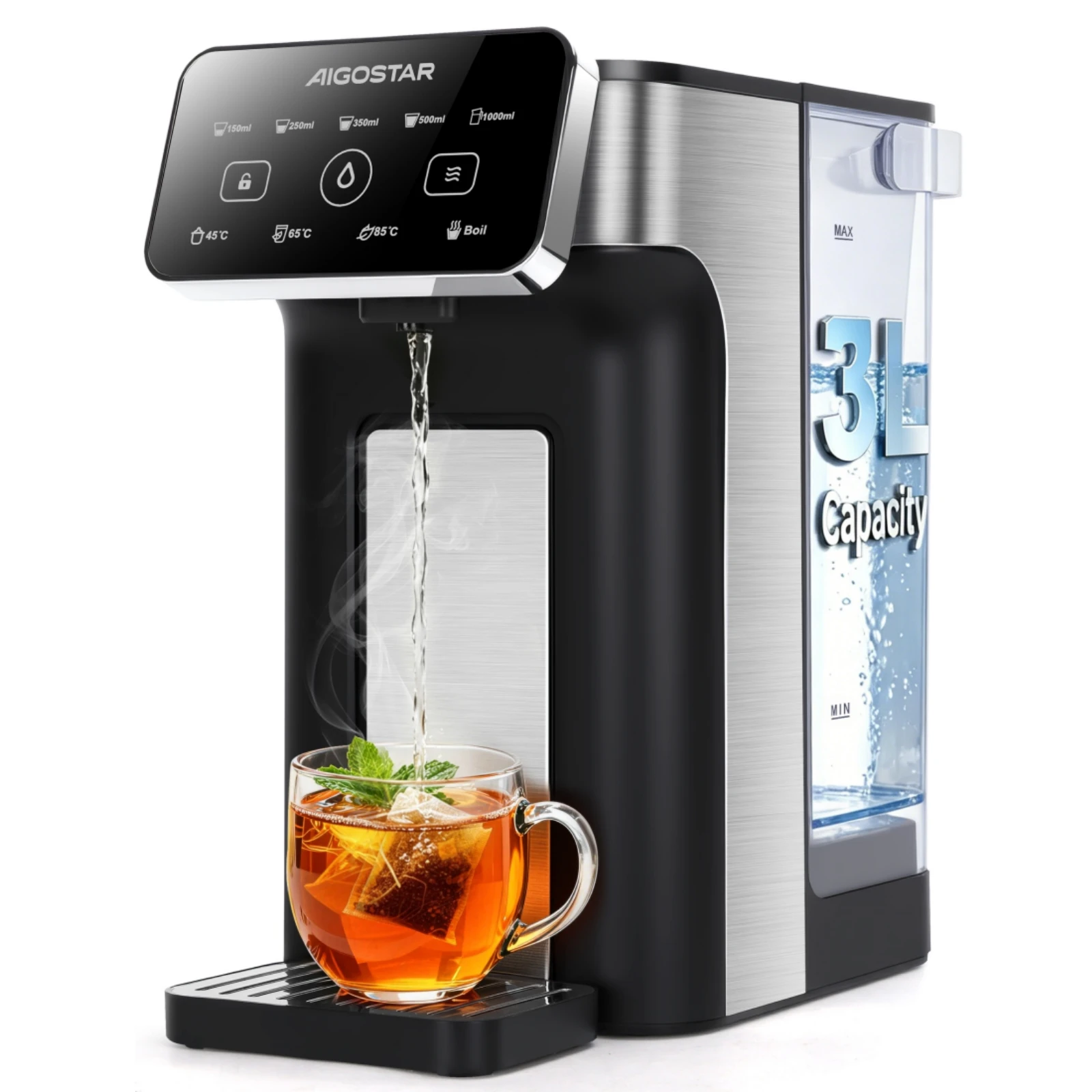 Aigostar Edelstahl Heißwasserspender 3L mit Filter-Slot, 3s Turbo Aufheizung, Füllt ganze Kanne (1000ml) am Stück, BPA-frei, Instant-Wasserkocher, Intuitives LED-Touch, Schwarz