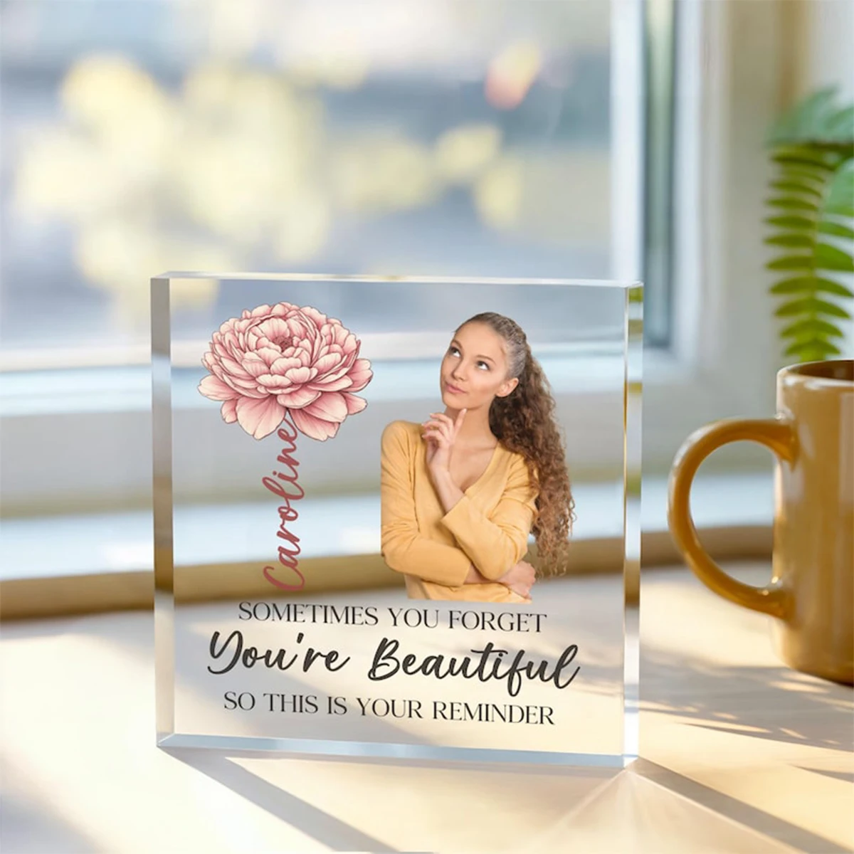 

Personalised Affirmation Acrylic Plaque, Custom Name Inspirational Photo Gift for Her, Sometimes You Forget You’re Beautiful Rem