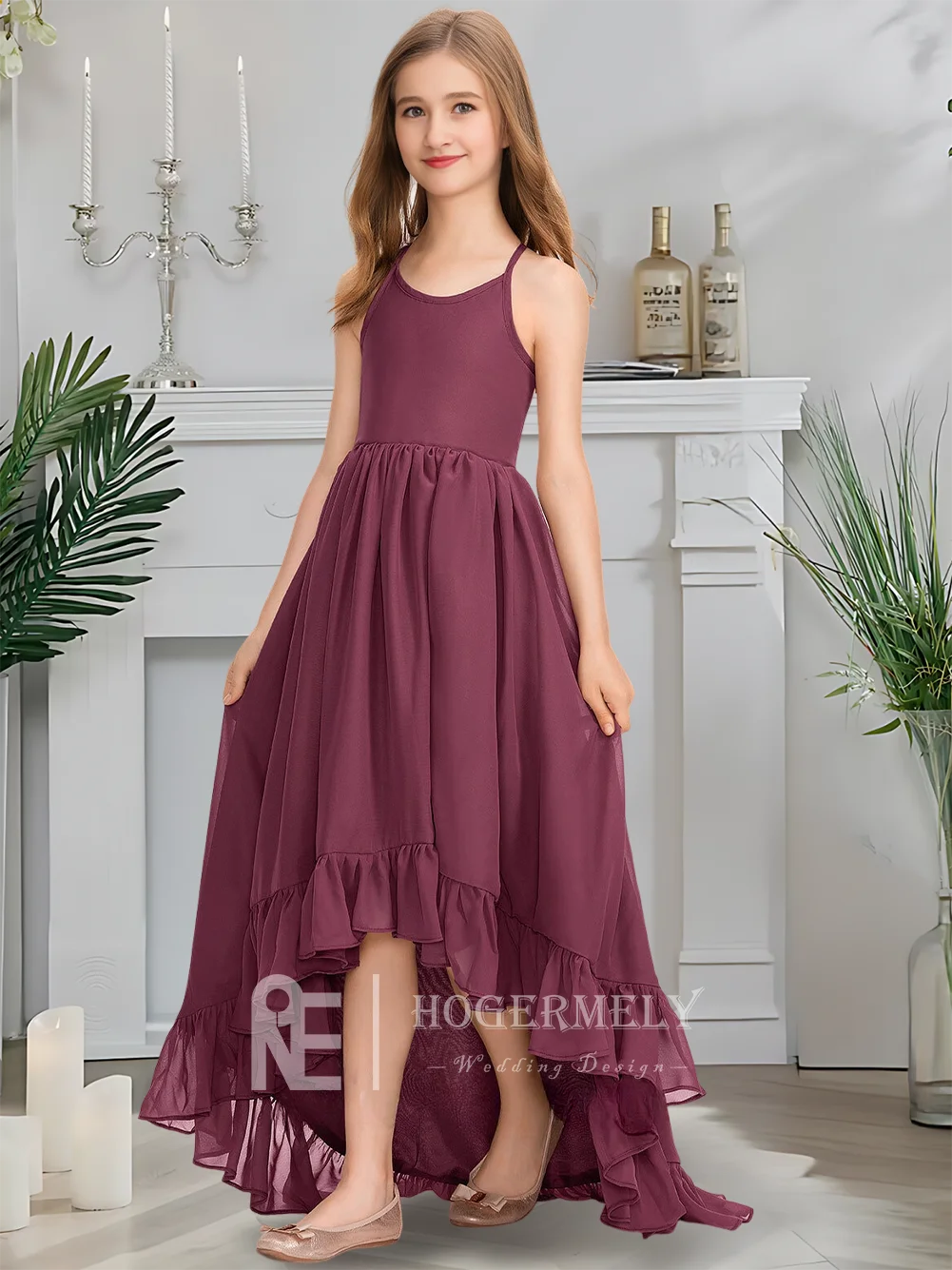 Роскошное платье подружки невесты с круглым вырезом, королевское сливовое платье с цветочным узором для девочек, асимметричный шифон с каскадными оборками и бантом