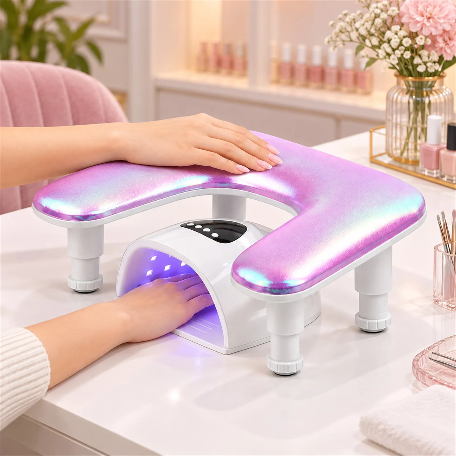 Holographic U-Shaped Nail Arm Rest Adjustable Rotating Height Manicure Hand Rest Pillow Cushion for Nail Tech Salon Home Use
