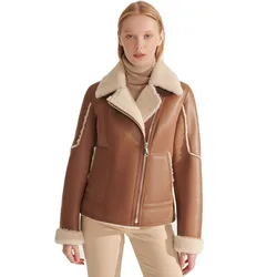 Denny&Dora Warm Natural Fur Coat - Women's Shearling Jacket, Brown Short Sheepskin Coat