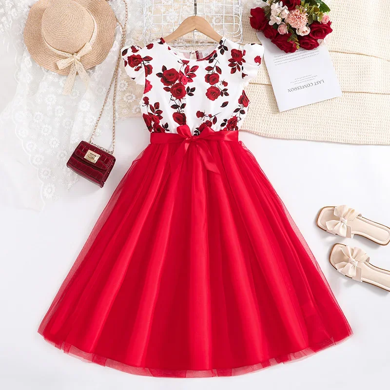 Letnie ubrania dla dziewczynek Ubrania w stylu casual Ruffles Printed Flower Bowknot Birthday Party Pageant Dress Casual Vacation Stylish — zdjęcie 2