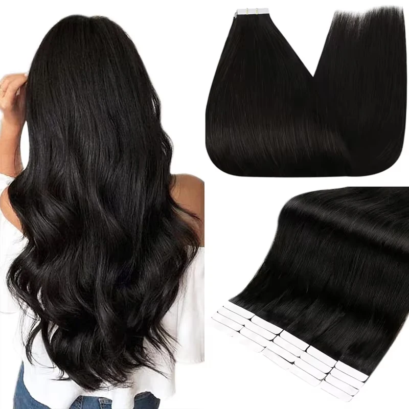 Tape In Hair Extensions 100% Remy Human Hair Natural Black Tape Ins Straight 16-26Inch 20piece Thick Hair Extensions #1B