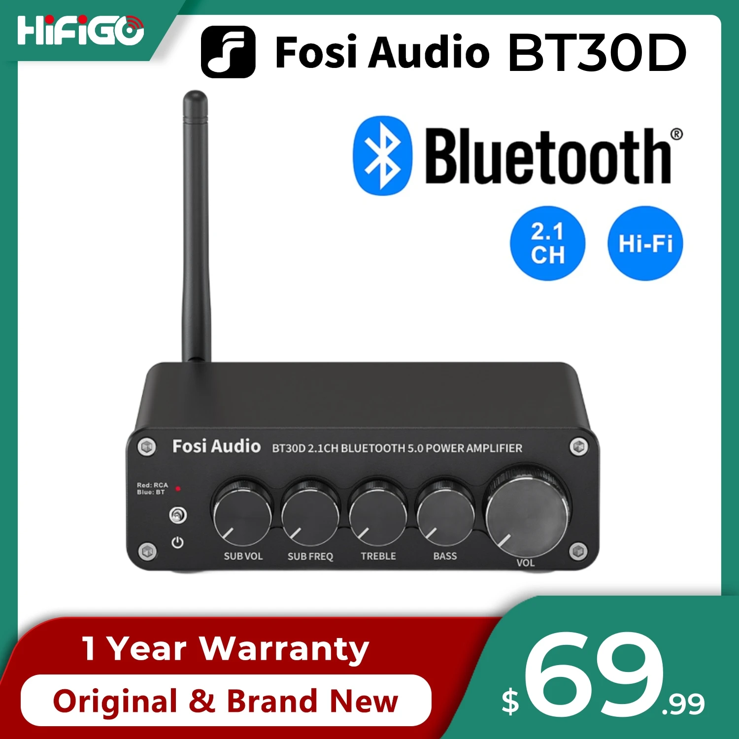 Fosi Audio BT30D บลูทูธเครื่องขยายเสียง 2.1 Channel Bass & Treble Control Amp ซับวูฟเฟอร์เสียง 100W + 50W x2