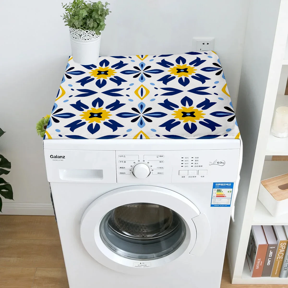 Blue Yellow Geometric Retro Dust Cover Washing Machine Dust Mat Design Refrigerator Protective Pad Household Home Supplies