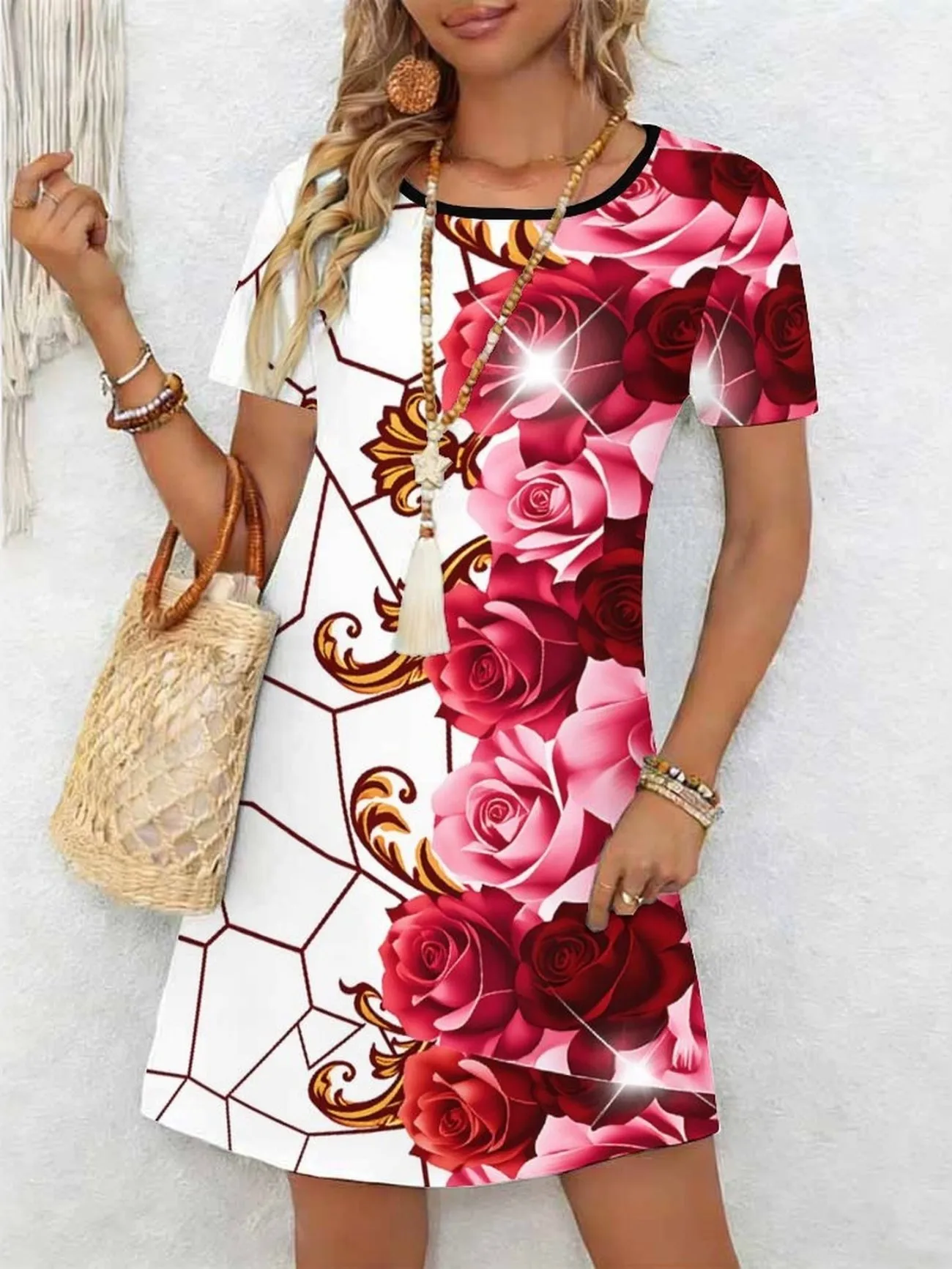 Ladies' Summer Short Sleeve round Neck Casual Dress 3D Red Rose Pattern Print Comfortable Elegant Women's Clothing