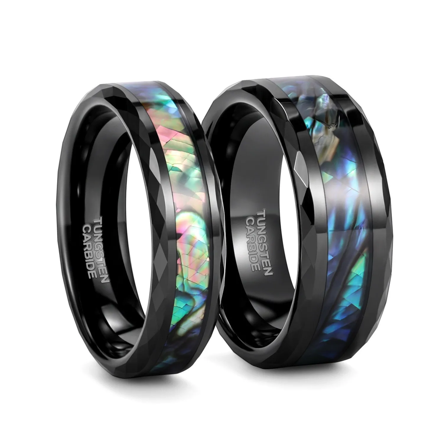 

6mm/8mm Width Black Tungsten Couples Ring for Wedding Band Inlay Colorful Natural Shells and Faceted Edge Size 5-12