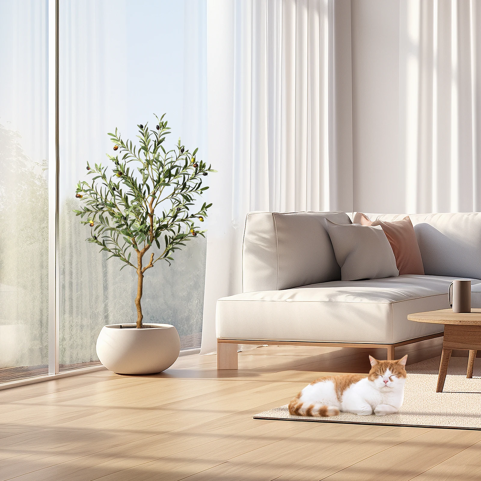 Olivo Artificial de 1.2 m – Planta Sintética con Tronco de Madera Curvo en Forma de Abanico, Hojas de Seda, Frutos Realistas y Musgo, Maceta Resistente para Decoración Interior del Hogar, Sala de