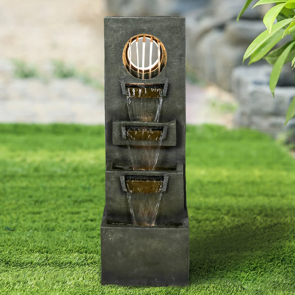 Modern Indoor and Outdoor Waterfall Fountain-39.3''H Freestanding Fountain with Lights and Pump, 4 Tier Outdoor Garden Fountain