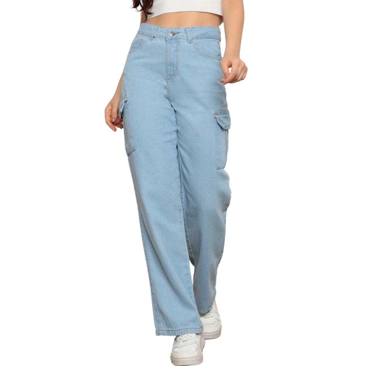 Calça Jeans Wide Leg Delavê Feminina Com Bolso Cargo