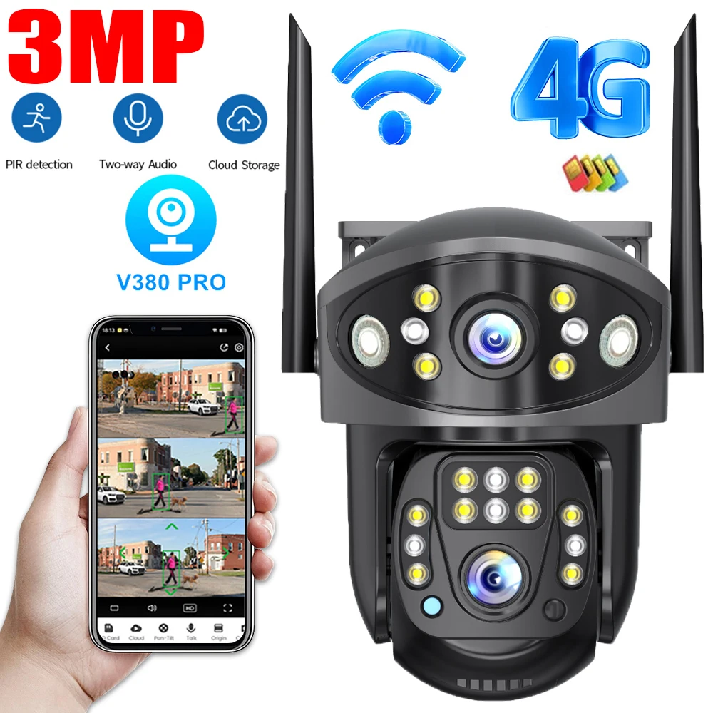 3MP HD Dual Lens 4G Wifi Outdoor Wireless Security Camera with Audio Surveillance Wide Angle PTZ Two-way Audio H.265 V380 PRO