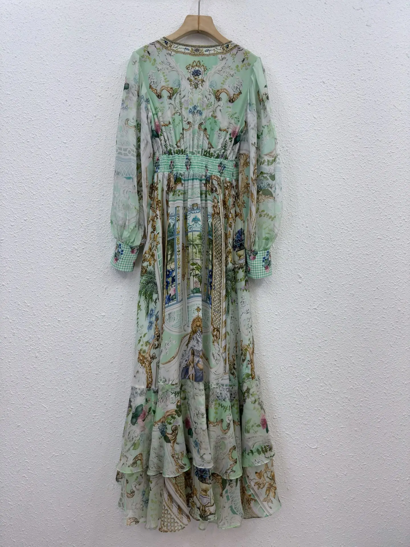 Abito lungo a maniche lunghe Boho in vera seta al 100% per donna Abito fluido con vita a quadretti con stampa barocca verde menta