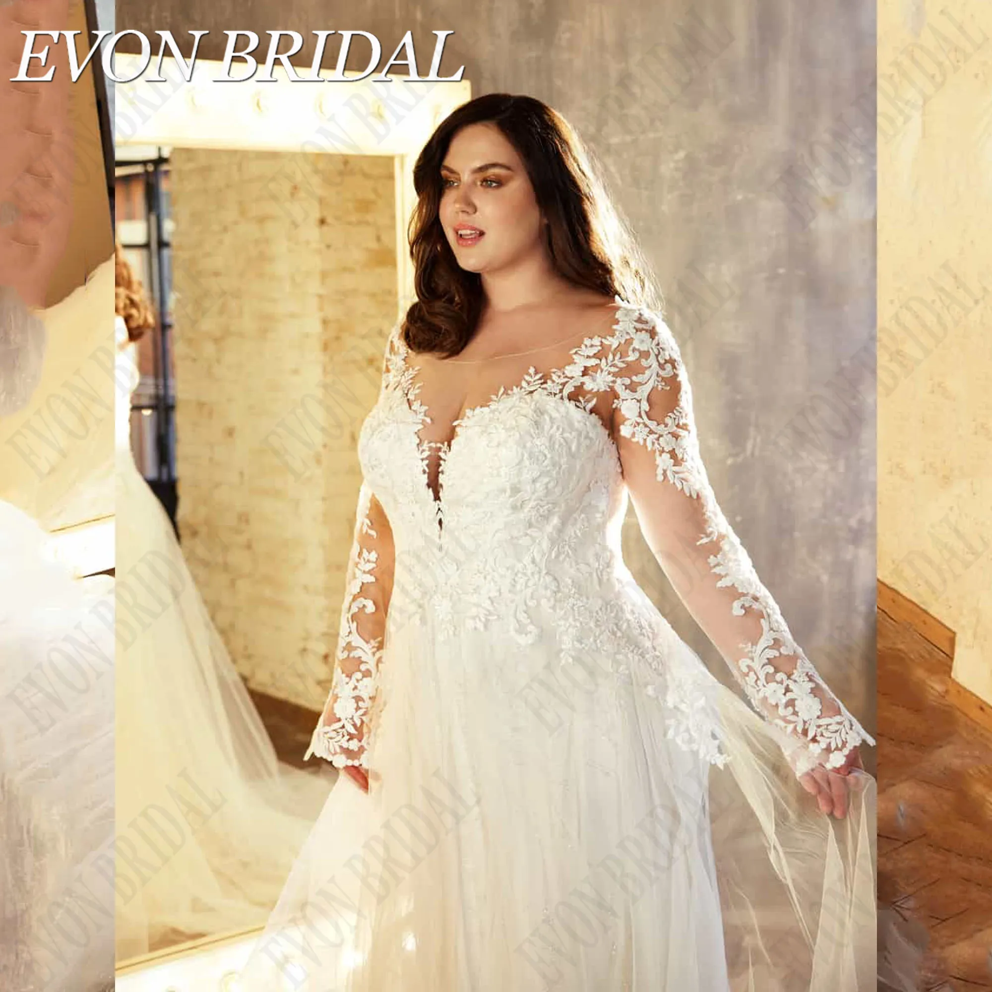 

EVON BRIDAL Plus Size Wedding Dresses Scoop Neck Applique Backless Elegant Bride Gown A-Line Tulle Custom Made Vestidos De Novia