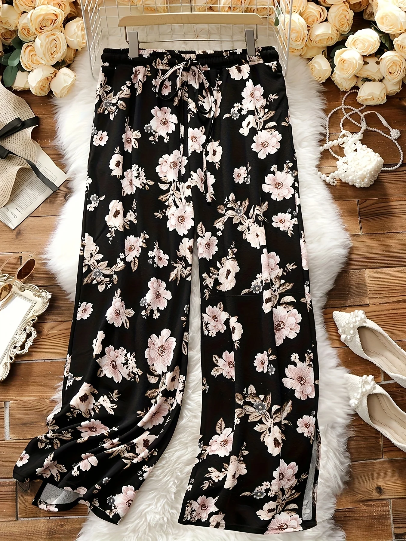 

plus Size Ladies Casual Floral Print Straight Wide Leg Pants Comfortable Loose Fit Trousers for Women