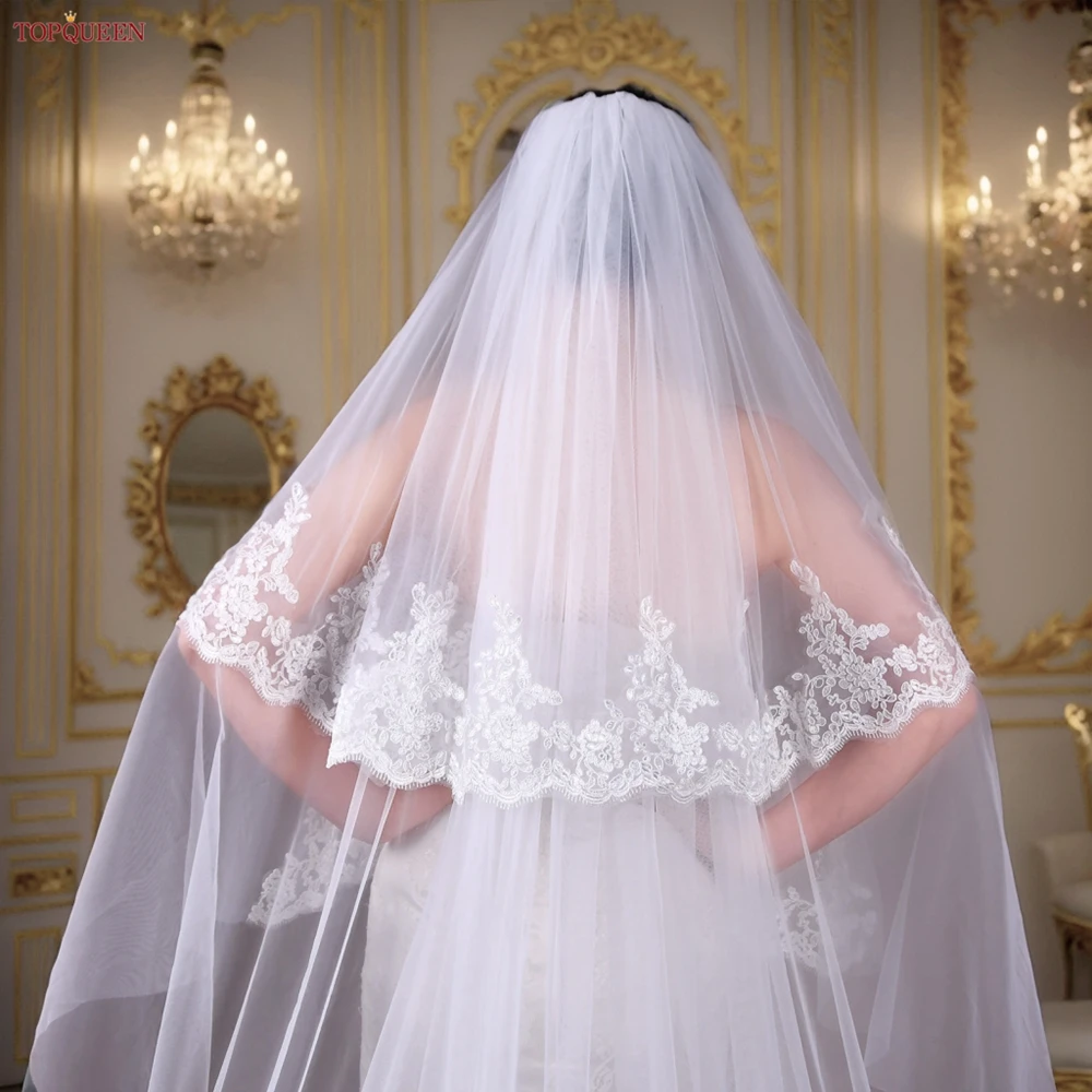 TOPQUEEN Elegant Double Layer Bridal Veil With Blusher Cathedral White 3d Flower Wedding Bridal Veil Soft Tulle With Comb V77