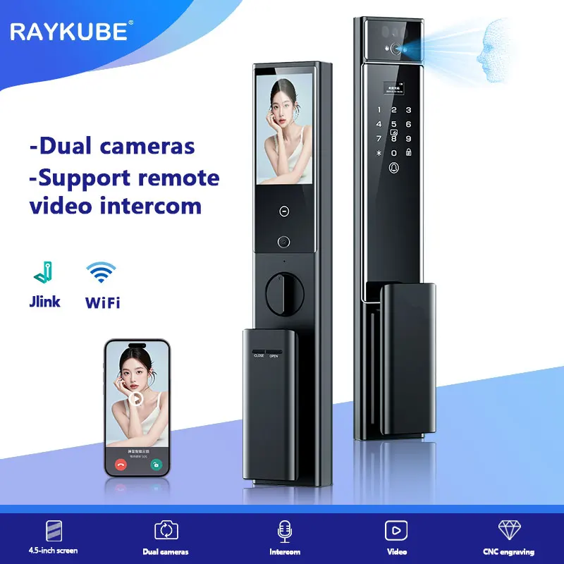 

RAYKUBE S90 Jlink WiFi 3D Facial Palm Vein Recognition Rechargeable Smart Fingerprint Lock With Dual WIFI Cameras APP Video Call