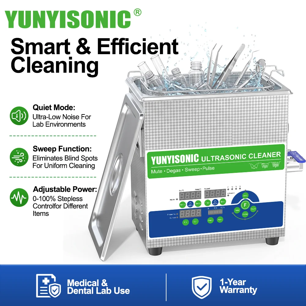 YUNYISONIC Digital Ultrasonic Bath Quiet Mode Sweep Power Adjustable Current Visualization 304 Stainless Steel for Medical Lab