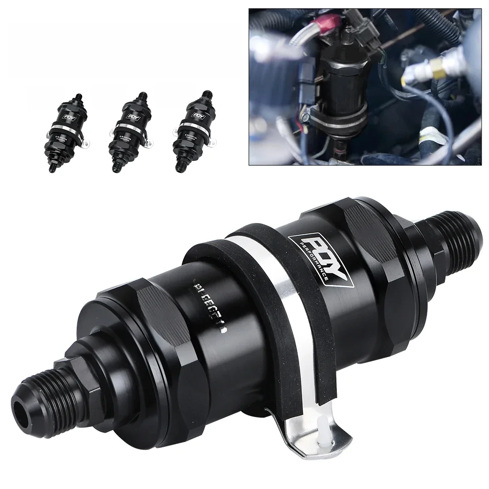 VR - BLACK AN6 / AN8 / AN10 Inline Fuel Filter E85 Ethanol z elementem ze stali nierdzewnej 100 mikronów i naklejką PQY — zdjęcie 2