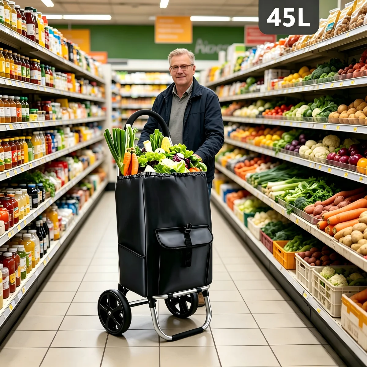Carrito de compras de aluminio de 2 ruedas con ganchos, plegable 3 en 1, carrito para subir escaleras, bolsa térmica negra.