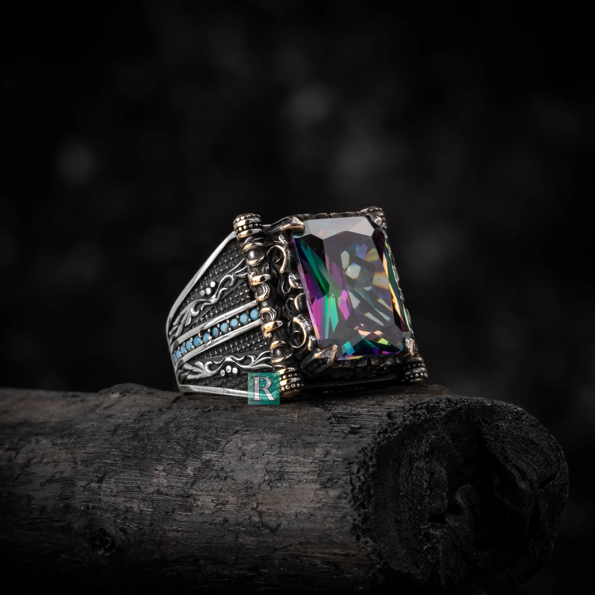 

Mistic Topaz Ring 925 sterling silver for men original handmade fine jewelry side stone turquoise high quality gift rings
