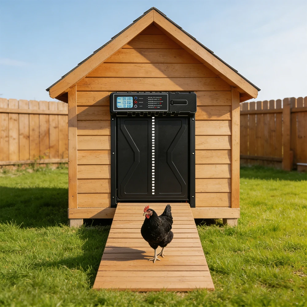 Puerta Eléctrica para Gallinero con Sensor Automático, Puerta para Mascotas de Aleación de Aluminio con Pantalla LED, Temporizador Inteligente, Anti-Pellizcos, Funciona con Batería