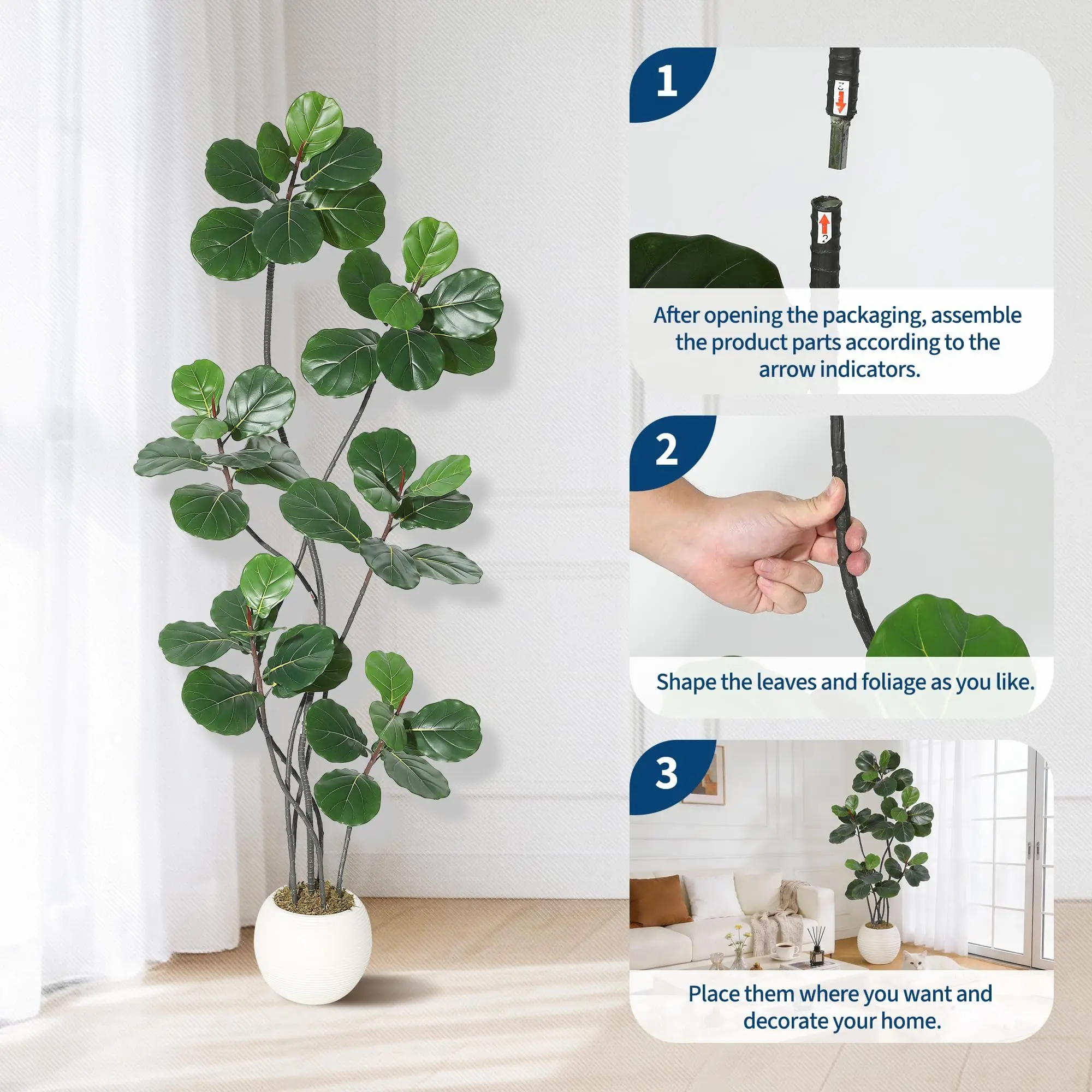 Ficus lyrata artificiel facile d'entretien, grand arbre réaliste avec tronc flexible et pot blanc moderne, plante décorative pour salon, bureau et couloir