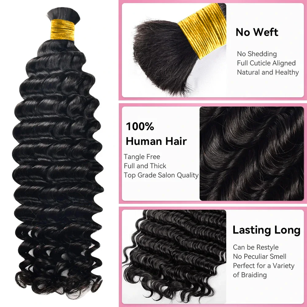 موجة عميقة تجديل الشعر البشري لضفائر بوهو 1/2/3 عميق مجعد الشعر البشري السائبة للتضفير لا لحمة وصلات شعر للنساء #3