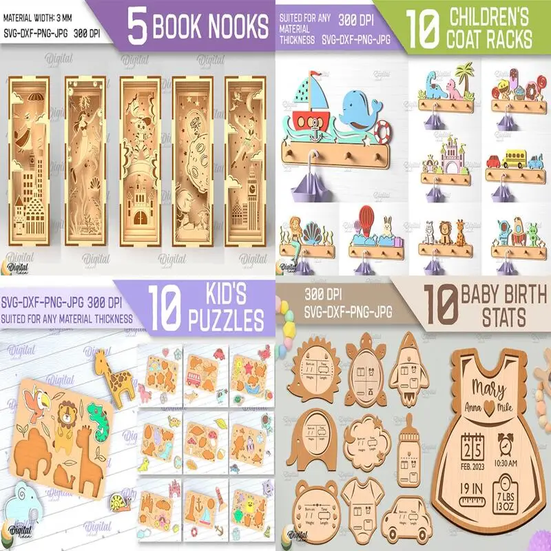 Kids Laser Cut Mega Bundle | 290 Baby & Children SVG Files | 3D Laser Cutting Designs | Montessori, Milestone Cards, Toys