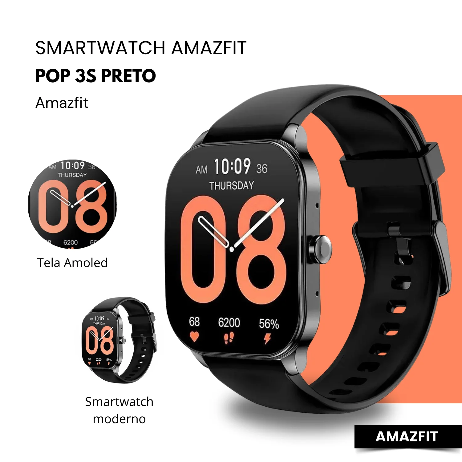 Amazfit Pop 3S Smartwatch-1.91 AMOLED Screen, 24/7 Health, GPS and 14 Days Battery