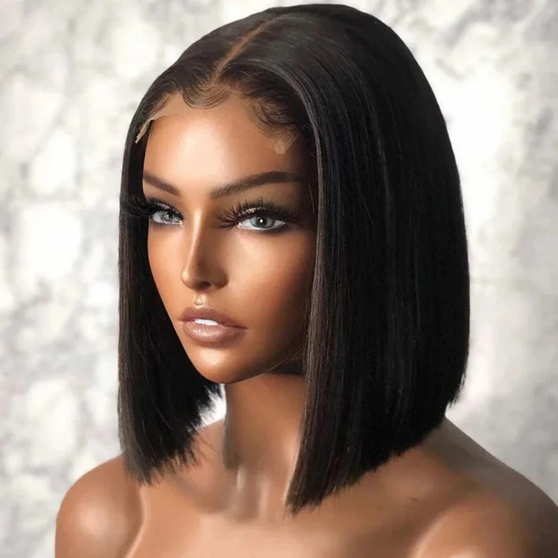 ストレートショートボブウィッグ-密度200-13x4レースフロントウィッグ-人毛フルレースフロントボブウィッグ-レミー人毛-自然な女性用