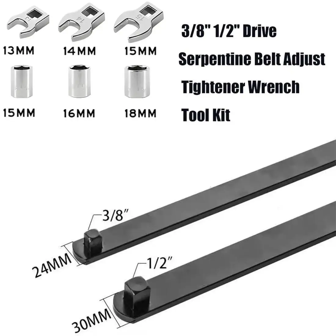 8pcs Serpentine Belt Tool Kit 8PCS Universal 3/8 1/2 Drive Adjust Tightener Wrench Set for Car Engine Repair with Multiple Sockets and Adapters