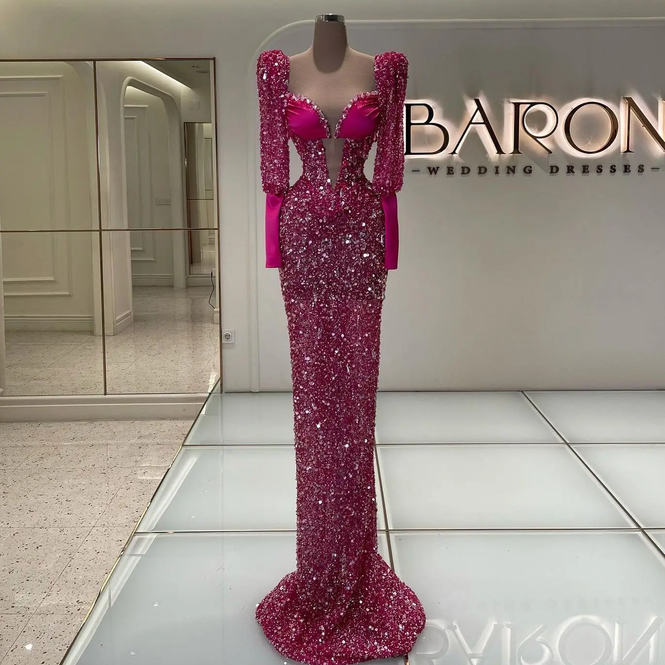 Fuchsia Sequined Prom Dresses Long Sleeve Shiny Beaded Evening Gowns Sweep Train Arabic Women Gowns Vestidos Custom Made