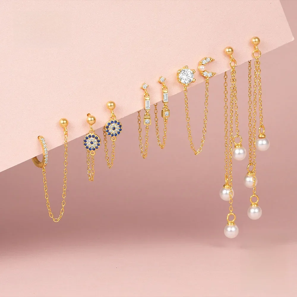 CANNER 925 Sterling Silver Chain Tassel Zircon Drop Earrings For Women 18K Gold Ins Simple Star Moon Earrings Fine Jewelry Gift — zdjęcie 2