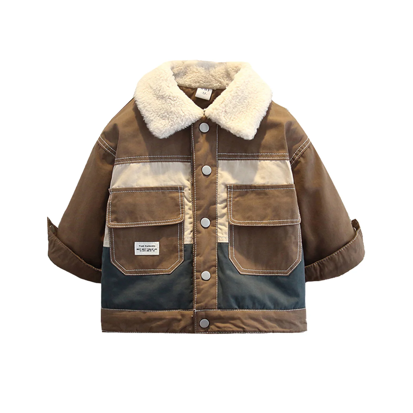 

Toddler Boys' Patchwork Cotton Jacket with Faux Fur Collar Autumn Winter Thick Color Block Design Toddler Boys' Outerwear