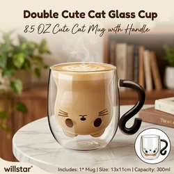 Cute Cat Mugs Double Vacuum Cute Tea Cups with Handle 250-300ml Insulated Glass Cat Coffee Mug for Cat Lovers Women Wife Mum