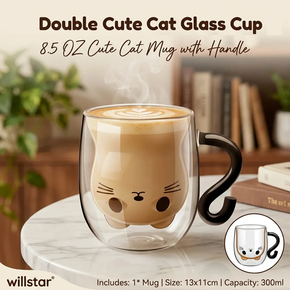 Cute Cat Mugs Double Vacuum Cute Tea Cups with Handle 250-300ml Insulated  Glass Cat Coffee Mug for Cat Lovers Women Wife Mum - AliExpress 15