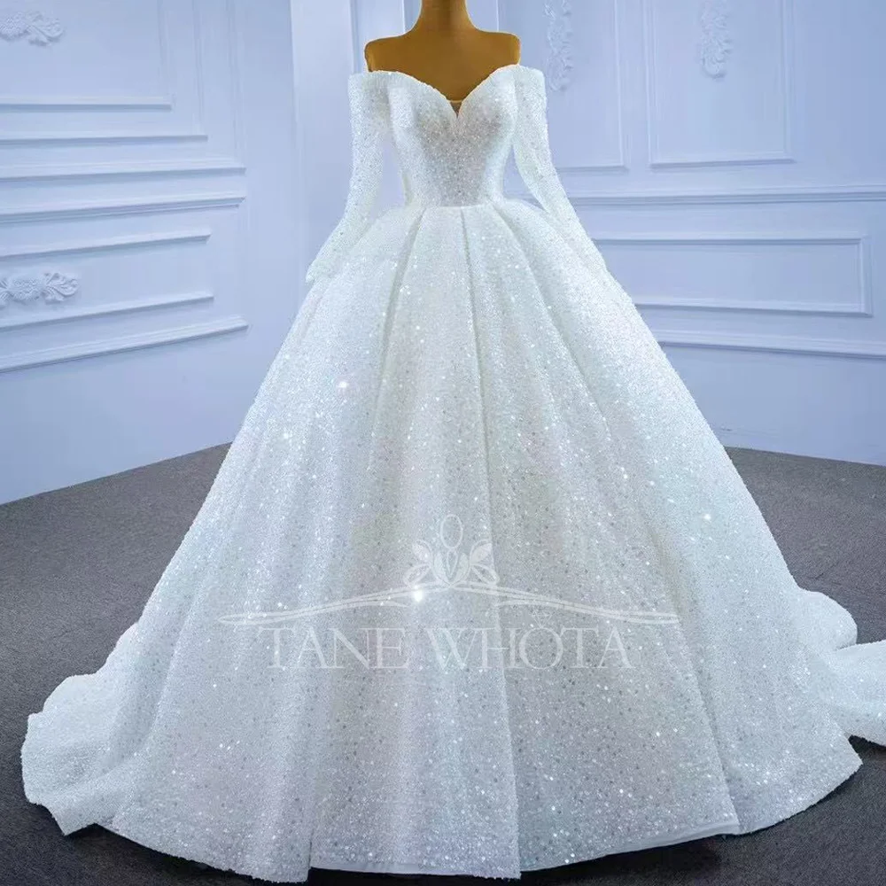 Блестящее свадебное платье с открытыми плечами и длинными рукавами, бальное платье с блестками, роскошные белые свадебные платья