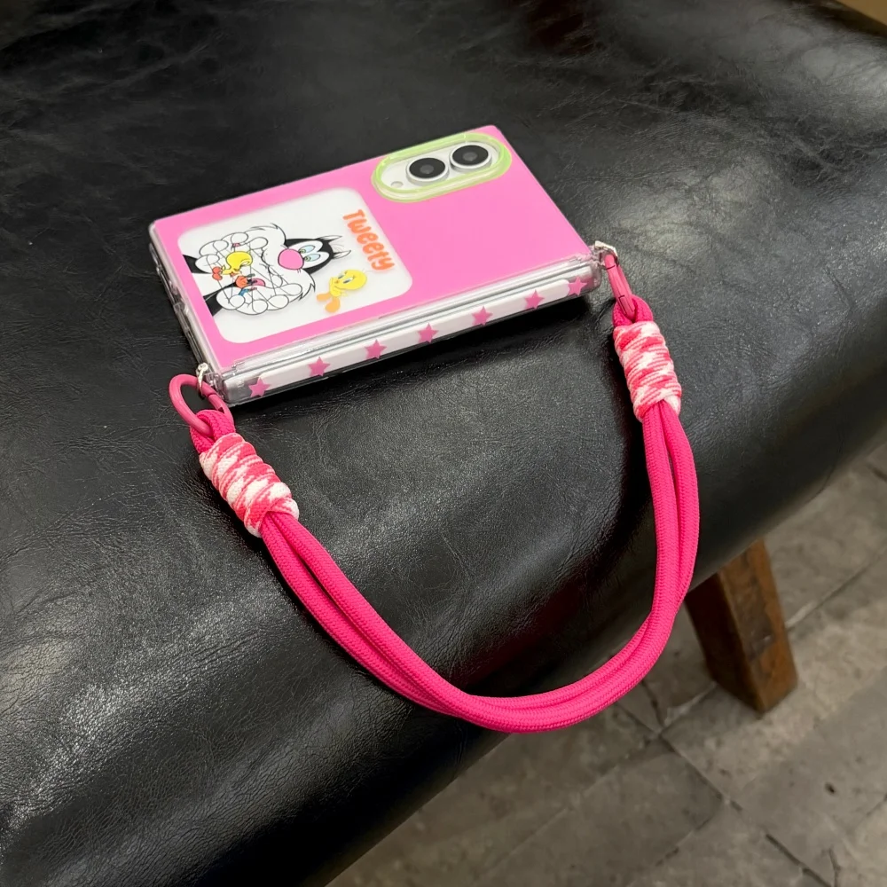 Korean Ins Bright Pink Cute Cartoon Cat Print Phone Case For Samsung Galaxy Z Fold 8 fold 8 Kawaii Girly Anti‑Fall Cover Fashion