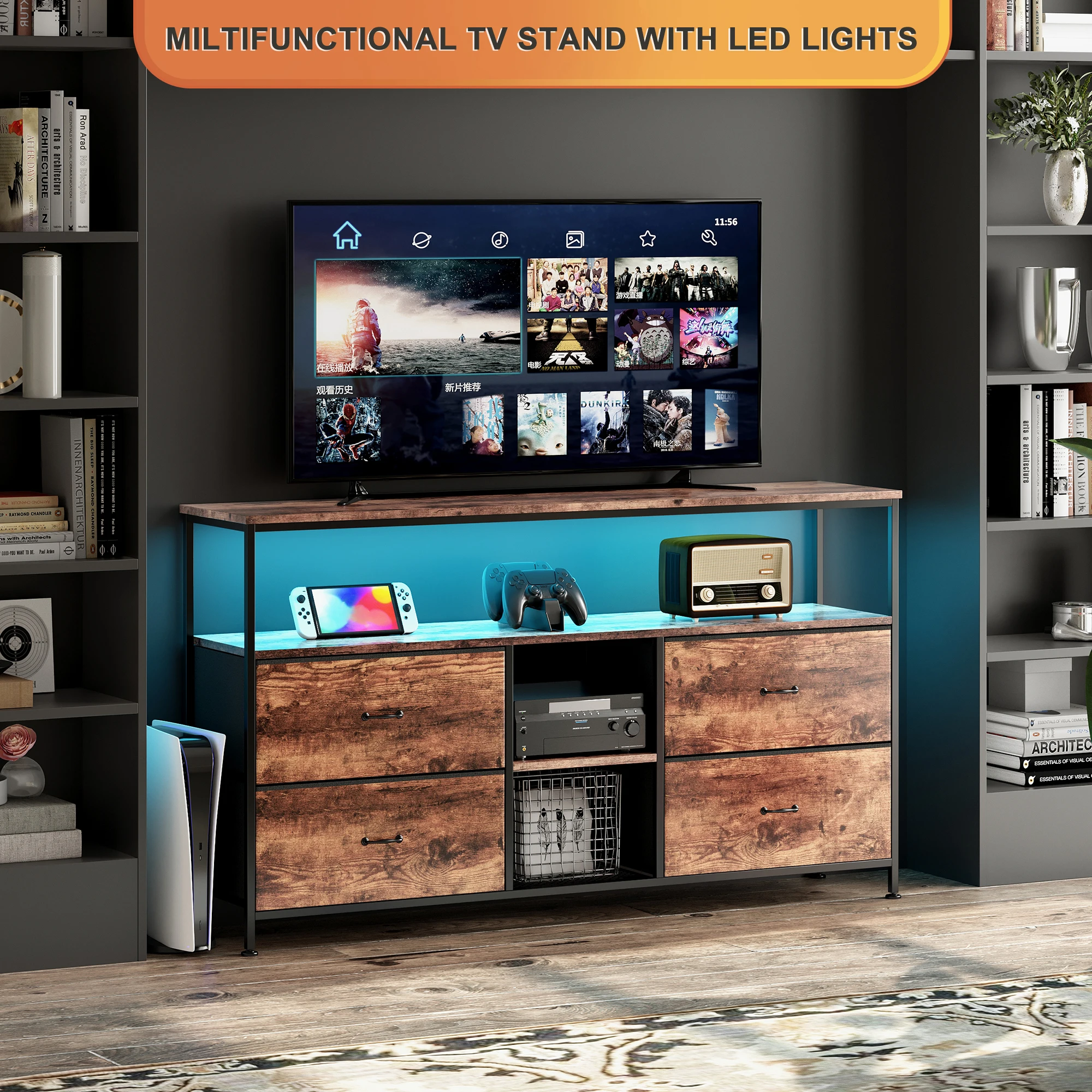 Comanlai, mobile contenitore in stile industriale con finitura effetto legno, dimensioni 108 cm x 29,8 cm x 76,8 cm. Mobile multifunzionale per soggiorno, da usare come mobile porta-TV e contenitore,